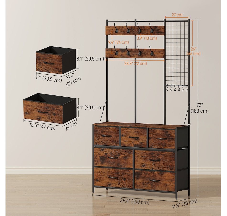Image 934917_ALTMORE2.jpg, Product 934-917 / Price $126.99, HOMCOM 4-In-1 Hall Tree with 7 Drawer Fabric Dresser Coat Rack Rustic Brown from HOMCOM on TSC.ca's Home & Garden department