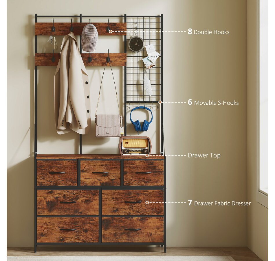 Image 934917_ALTMORE3.jpg, Product 934-917 / Price $126.99, HOMCOM 4-In-1 Hall Tree with 7 Drawer Fabric Dresser Coat Rack Rustic Brown from HOMCOM on TSC.ca's Home & Garden department