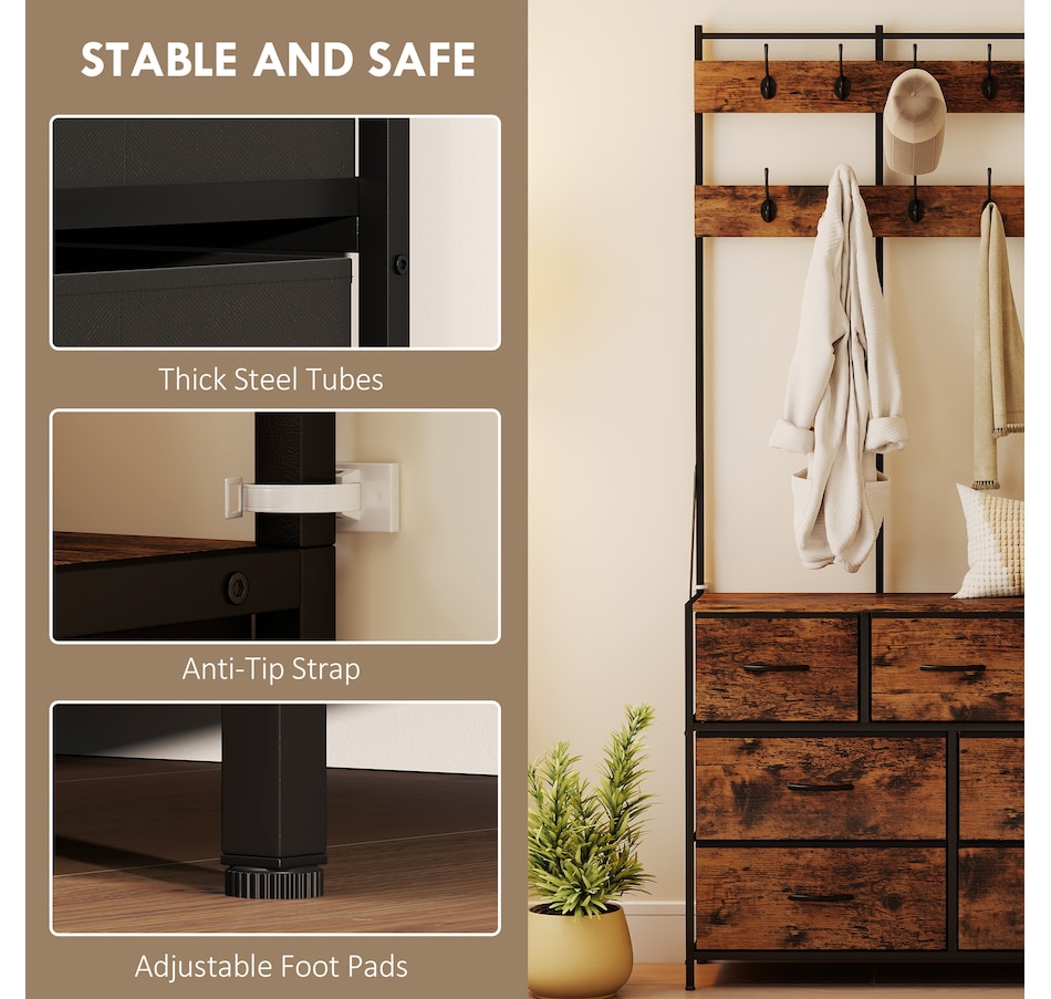 Image 934917_ALTMORE6.jpg, Product 934-917 / Price $126.99, HOMCOM 4-In-1 Hall Tree with 7 Drawer Fabric Dresser Coat Rack Rustic Brown from HOMCOM on TSC.ca's Home & Garden department