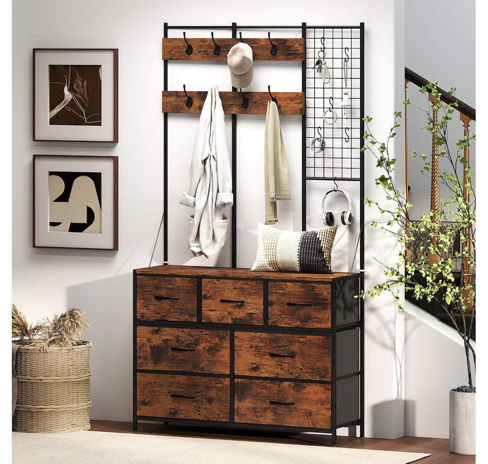 Image 934917_ALTMORE7.jpg, Product 934-917 / Price $126.99, HOMCOM 4-In-1 Hall Tree with 7 Drawer Fabric Dresser Coat Rack Rustic Brown from HOMCOM on TSC.ca's Home & Garden department