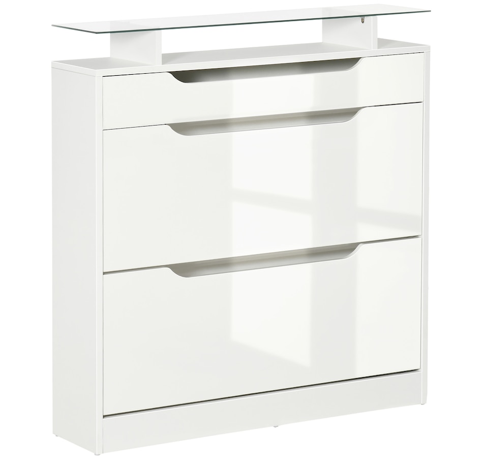 Image 934919.jpg, Product 934-919 / Price $164.99, HOMCOM High Gloss Shoe Cabinet with 2 Flip Drawers and Glass Top, White from HOMCOM on TSC.ca's Home & Garden department