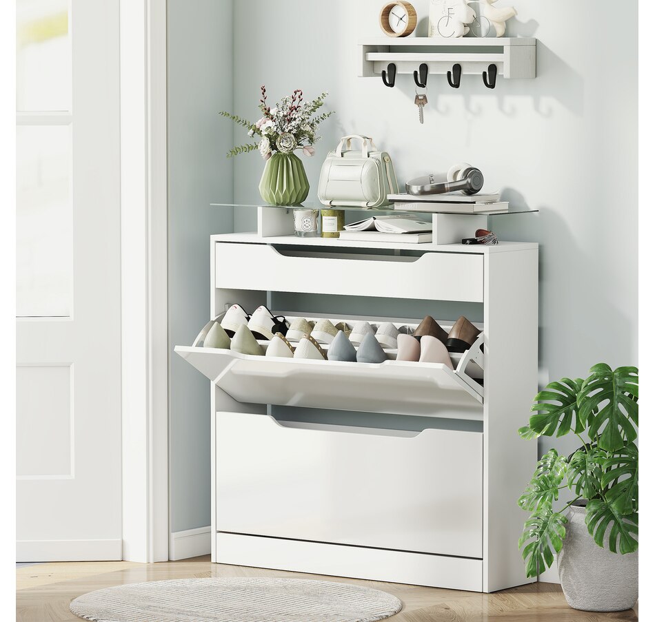 Image 934919_ALTMORE1.jpg, Product 934-919 / Price $164.99, HOMCOM High Gloss Shoe Cabinet with 2 Flip Drawers and Glass Top, White from HOMCOM on TSC.ca's Home & Garden department