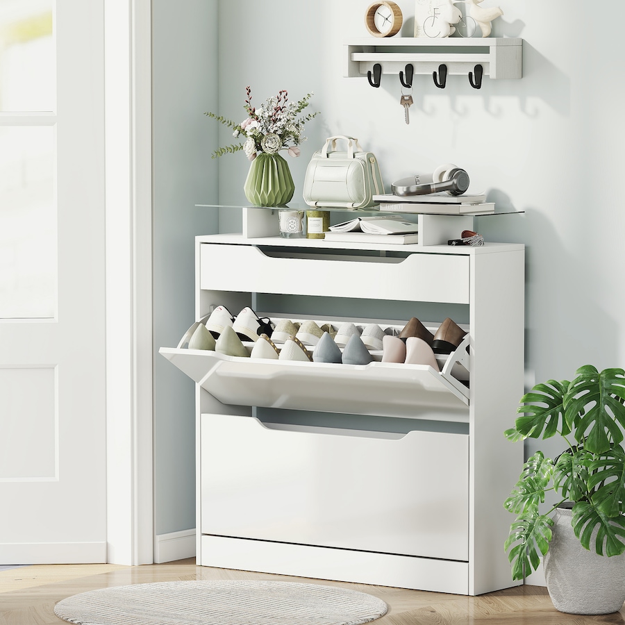 Image 934919_ALTMORE1.jpg, Product 934-919 / Price $154.99, HOMCOM High Gloss Shoe Cabinet with 2 Flip Drawers and Glass Top, White from HOMCOM on TSC.ca's Home & Garden department
