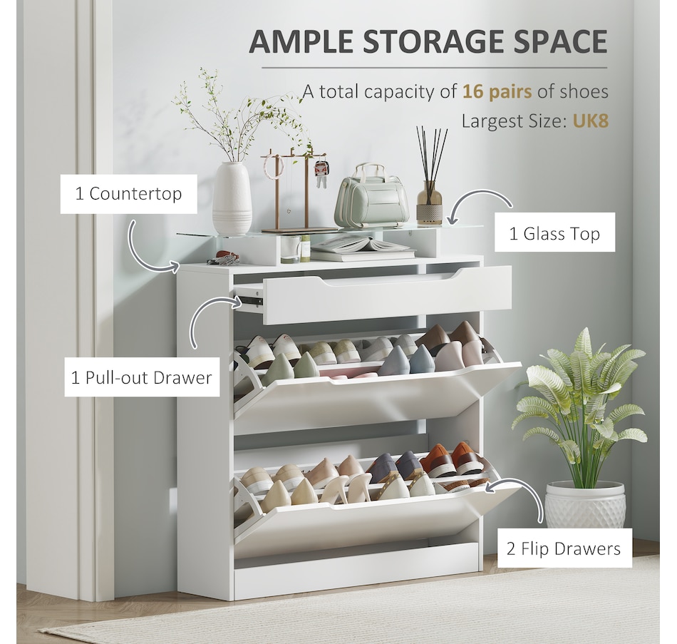 Image 934919_ALTMORE3.jpg, Product 934-919 / Price $164.99, HOMCOM High Gloss Shoe Cabinet with 2 Flip Drawers and Glass Top, White from HOMCOM on TSC.ca's Home & Garden department