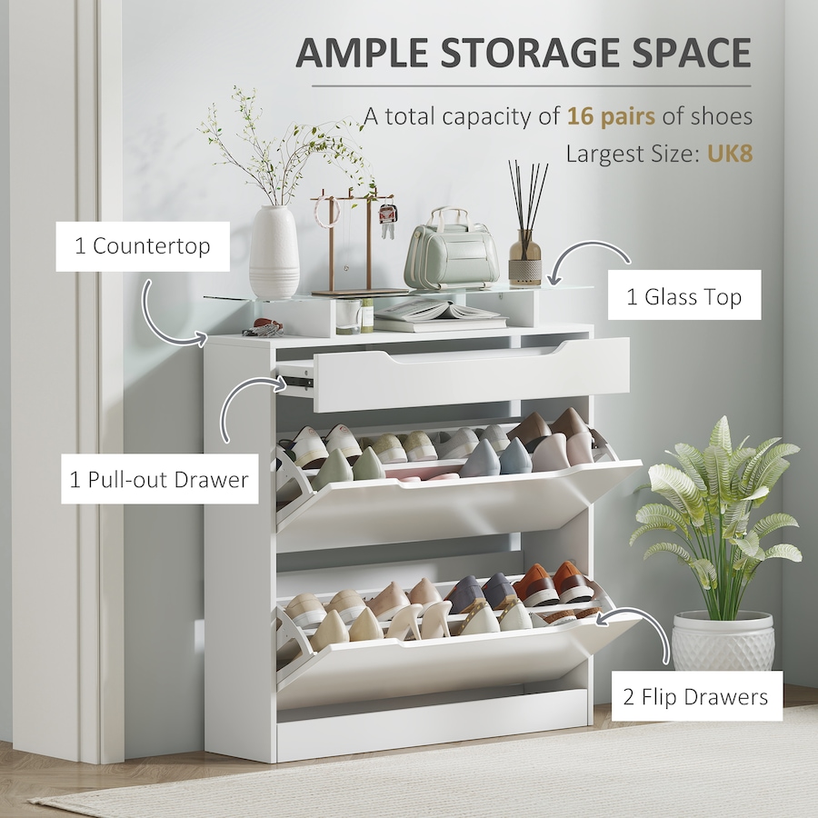 Image 934919_ALTMORE3.jpg, Product 934-919 / Price $154.99, HOMCOM High Gloss Shoe Cabinet with 2 Flip Drawers and Glass Top, White from HOMCOM on TSC.ca's Home & Garden department