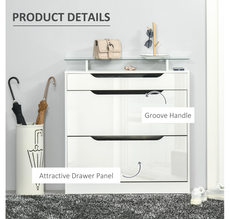 Image 934919_ALTMORE6.jpg, Product 934-919 / Price $164.99, HOMCOM High Gloss Shoe Cabinet with 2 Flip Drawers and Glass Top, White from HOMCOM on TSC.ca's Home & Garden department