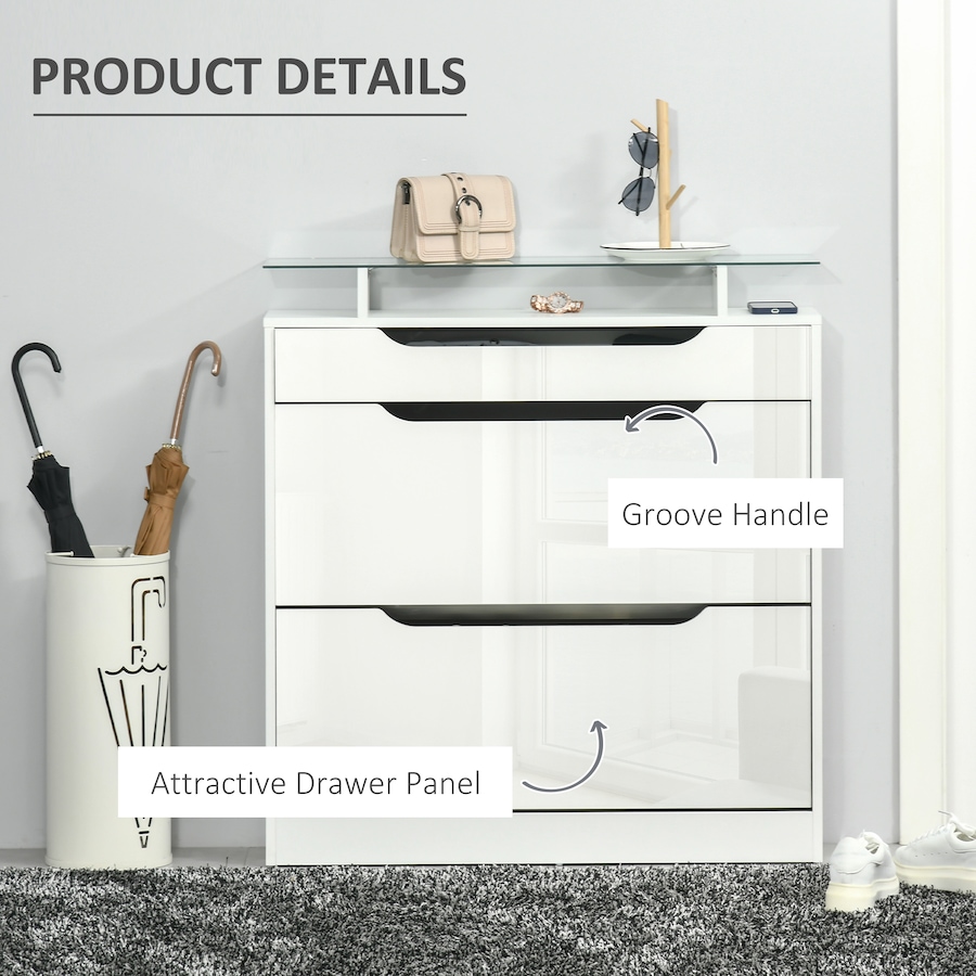 Image 934919_ALTMORE6.jpg, Product 934-919 / Price $154.99, HOMCOM High Gloss Shoe Cabinet with 2 Flip Drawers and Glass Top, White from HOMCOM on TSC.ca's Home & Garden department