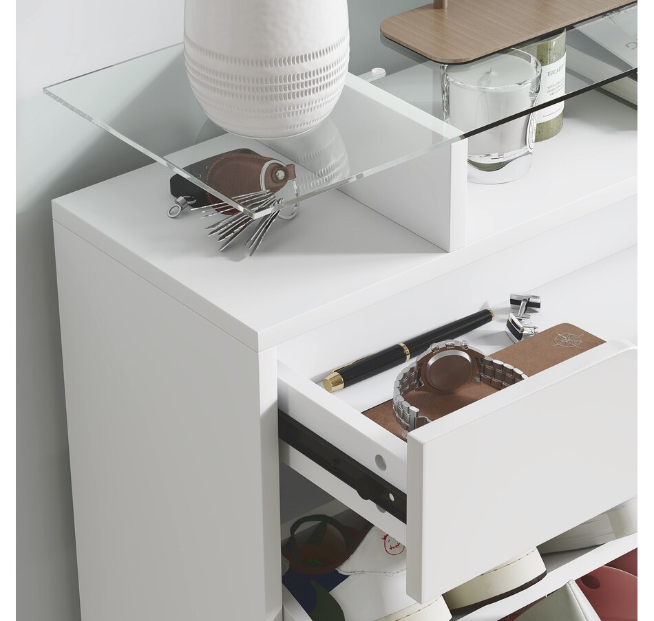 Image 934919_ALTMORE8.jpg, Product 934-919 / Price $164.99, HOMCOM High Gloss Shoe Cabinet with 2 Flip Drawers and Glass Top, White from HOMCOM on TSC.ca's Home & Garden department