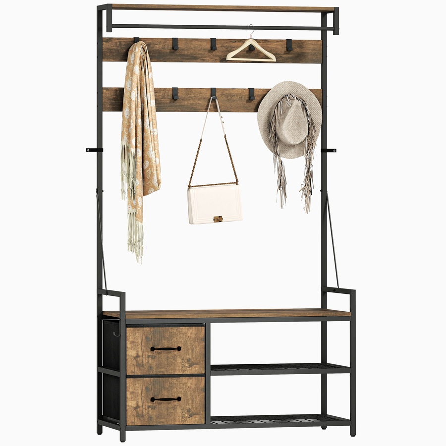 Image 934920.jpg, Product 934-920 / Price $112.99, HOMCOM Hall Tree with Hooks and Shoe Storage, Coat Rack, Rustic Brown from HOMCOM on TSC.ca's Home & Garden department