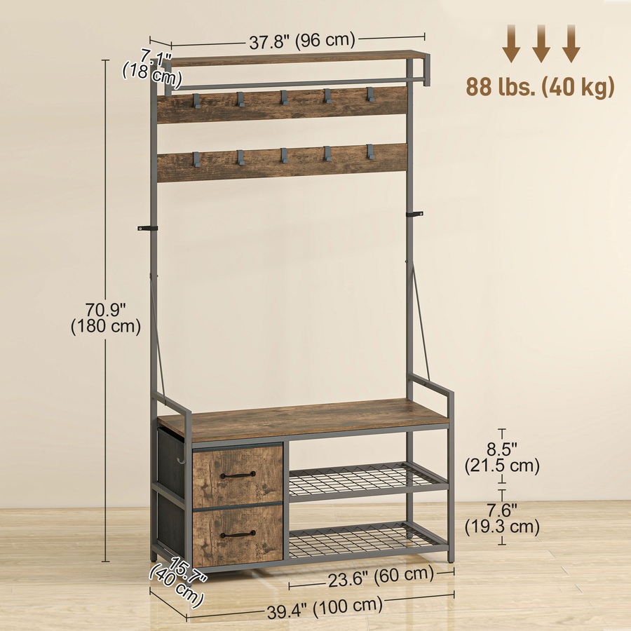 Image 934920_ALTMORE2.jpg, Product 934-920 / Price $112.99, HOMCOM Hall Tree with Hooks and Shoe Storage, Coat Rack, Rustic Brown from HOMCOM on TSC.ca's Home & Garden department