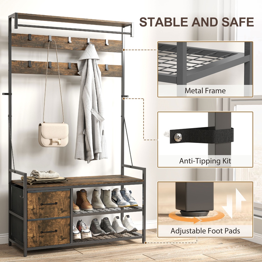 Image 934920_ALTMORE6.jpg, Product 934-920 / Price $112.99, HOMCOM Hall Tree with Hooks and Shoe Storage, Coat Rack, Rustic Brown from HOMCOM on TSC.ca's Home & Garden department