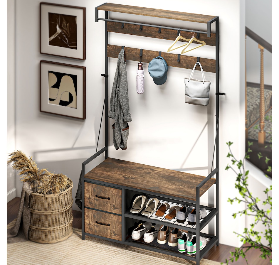 Image 934920_ALTMORE8.jpg, Product 934-920 / Price $119.99, HOMCOM Hall Tree with Hooks and Shoe Storage, Coat Rack, Rustic Brown from HOMCOM on TSC.ca's Home & Garden department
