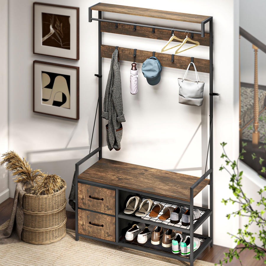 Image 934920_ALTMORE8.jpg, Product 934-920 / Price $112.99, HOMCOM Hall Tree with Hooks and Shoe Storage, Coat Rack, Rustic Brown from HOMCOM on TSC.ca's Home & Garden department