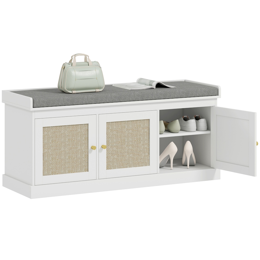 Image 934981.jpg, Product 934-981 / Price $139.99, HOMCOM Shoe Bench with Rattan Doors, Cushion, Entryway Shoe Storage, White from HOMCOM on TSC.ca's Home & Garden department