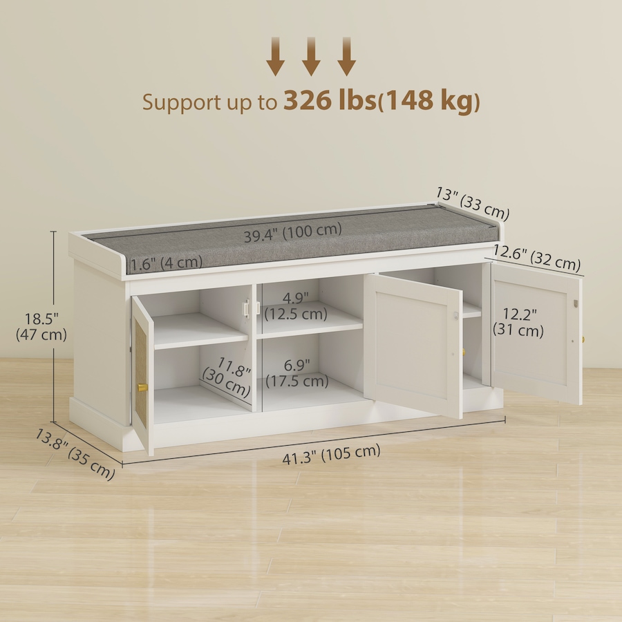 Image 934981_ALTMORE2.jpg, Product 934-981 / Price $139.99, HOMCOM Shoe Bench with Rattan Doors, Cushion, Entryway Shoe Storage, White from HOMCOM on TSC.ca's Home & Garden department