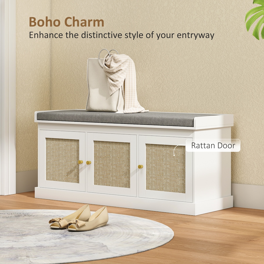 Image 934981_ALTMORE3.jpg, Product 934-981 / Price $139.99, HOMCOM Shoe Bench with Rattan Doors, Cushion, Entryway Shoe Storage, White from HOMCOM on TSC.ca's Home & Garden department