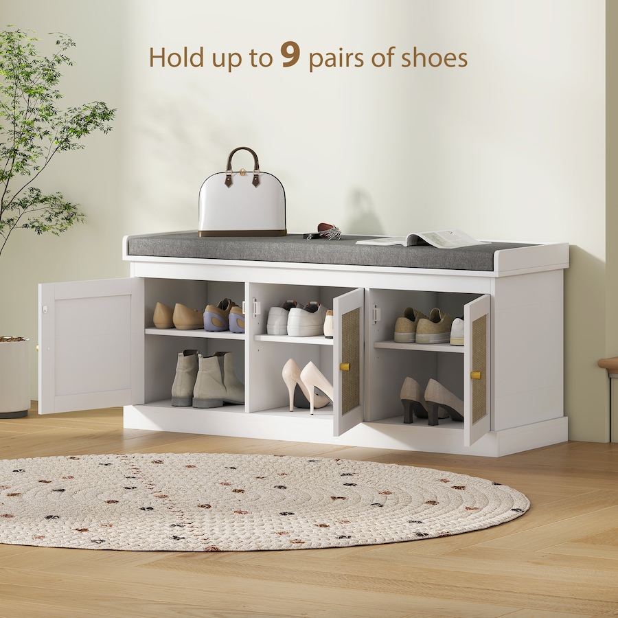 Image 934981_ALTMORE5.jpg, Product 934-981 / Price $139.99, HOMCOM Shoe Bench with Rattan Doors, Cushion, Entryway Shoe Storage, White from HOMCOM on TSC.ca's Home & Garden department