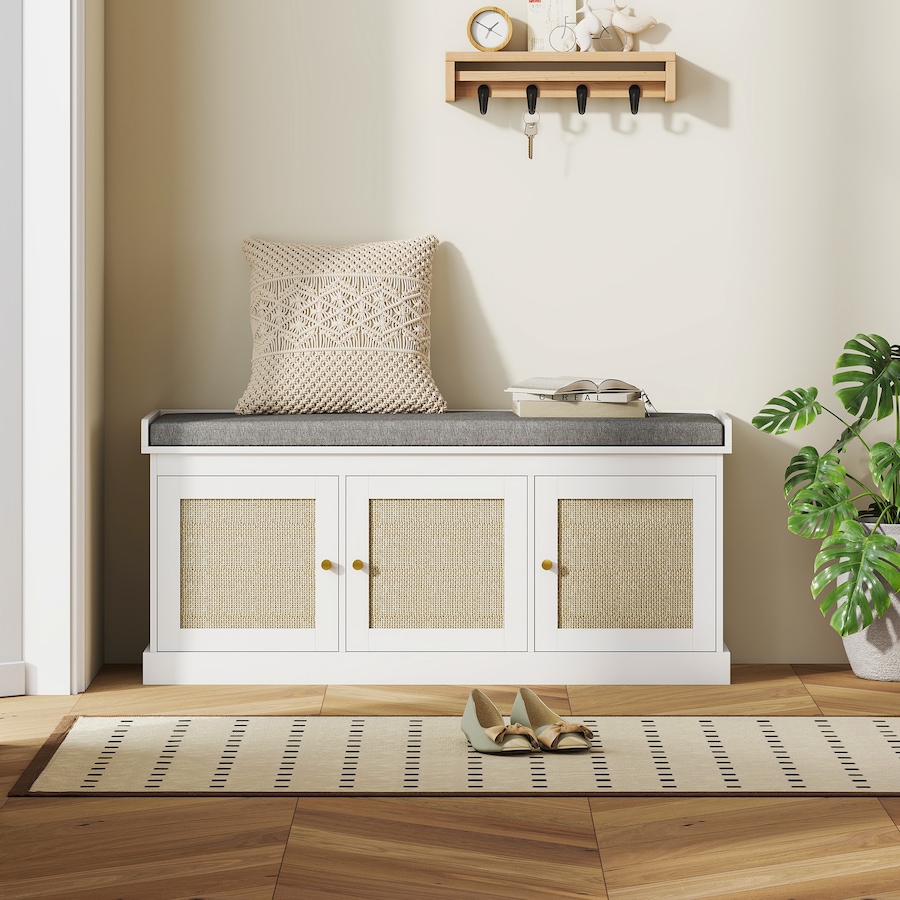 Image 934981_ALTMORE7.jpg, Product 934-981 / Price $139.99, HOMCOM Shoe Bench with Rattan Doors, Cushion, Entryway Shoe Storage, White from HOMCOM on TSC.ca's Home & Garden department