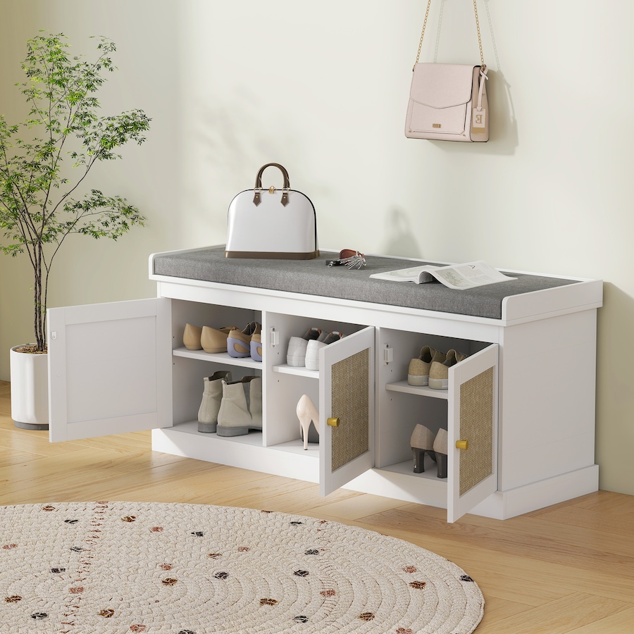 Image 934981_ALTMORE8.jpg, Product 934-981 / Price $139.99, HOMCOM Shoe Bench with Rattan Doors, Cushion, Entryway Shoe Storage, White from HOMCOM on TSC.ca's Home & Garden department