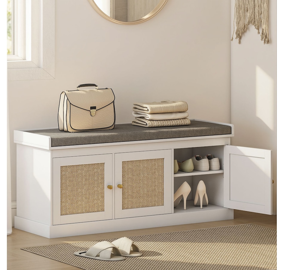 Image 934981_ALTMORE9.jpg, Product 934-981 / Price $124.99, HOMCOM Shoe Bench with Rattan Doors, Cushion, Entryway Shoe Storage, White from HOMCOM on TSC.ca's Home & Garden department