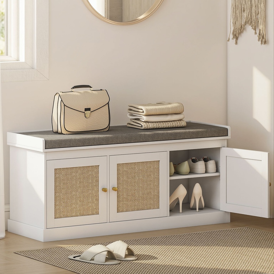 Image 934981_ALTMORE9.jpg, Product 934-981 / Price $139.99, HOMCOM Shoe Bench with Rattan Doors, Cushion, Entryway Shoe Storage, White from HOMCOM on TSC.ca's Home & Garden department