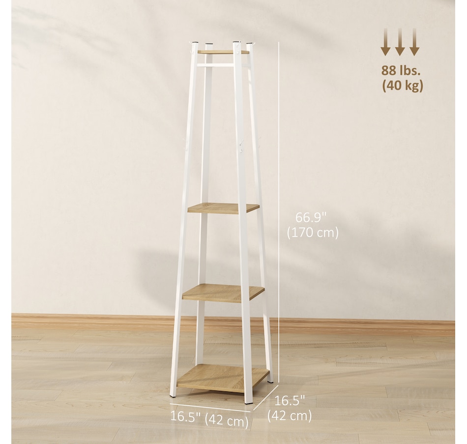 Image 934984_ALTMORE2.jpg, Product 934-984 / Price $59.99, HOMCOM Clothes Rack, Garment Rack with 8 Hooks and 3-Tier Shelf, Oak from HOMCOM on TSC.ca's Home & Garden department