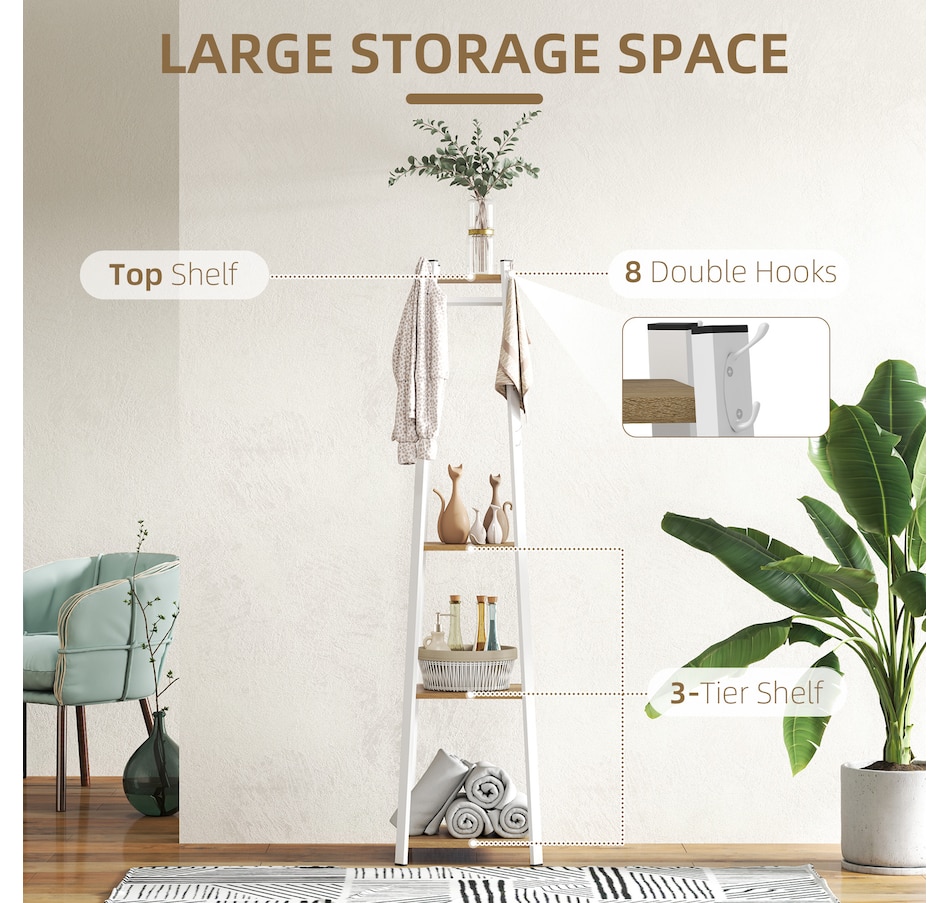 Image 934984_ALTMORE3.jpg, Product 934-984 / Price $59.99, HOMCOM Clothes Rack, Garment Rack with 8 Hooks and 3-Tier Shelf, Oak from HOMCOM on TSC.ca's Home & Garden department