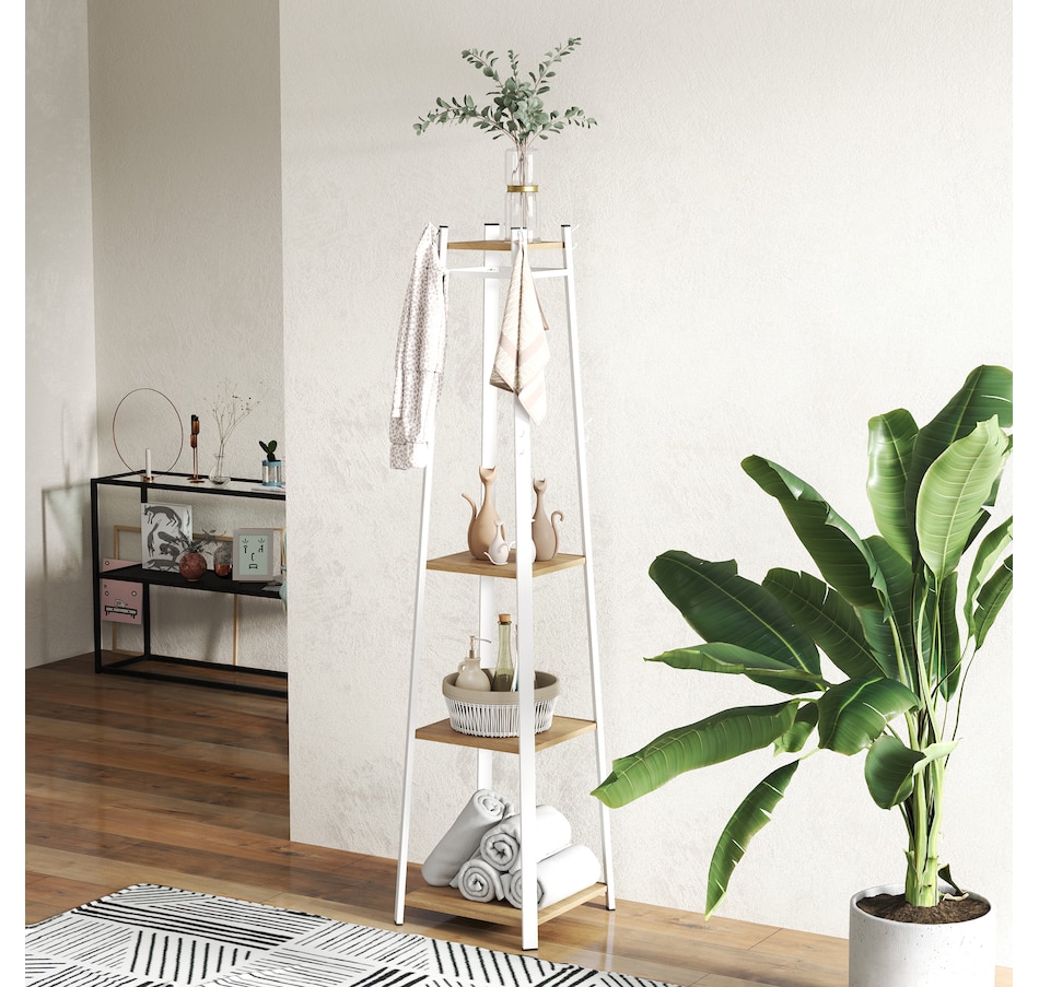 Image 934984_ALTMORE7.jpg, Product 934-984 / Price $59.99, HOMCOM Clothes Rack, Garment Rack with 8 Hooks and 3-Tier Shelf, Oak from HOMCOM on TSC.ca's Home & Garden department