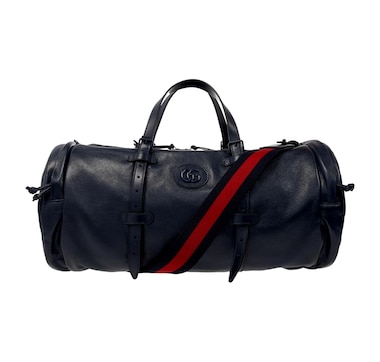 Gucci GG Logo Deep Blue Buffalo Leather Duffle Tote with Strap
