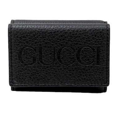 Gucci Embossed Logo Mini Tri-Fold Wallet Black Pebbled Leather