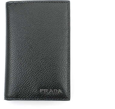 Prada Men&#039;s Vitello Micro Grain Black Leather Vertical Bifold Card Holder Silver Logo