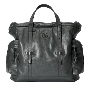 Gucci Gray Leather Drawstring Tote Bag With Tonal Double G Logo