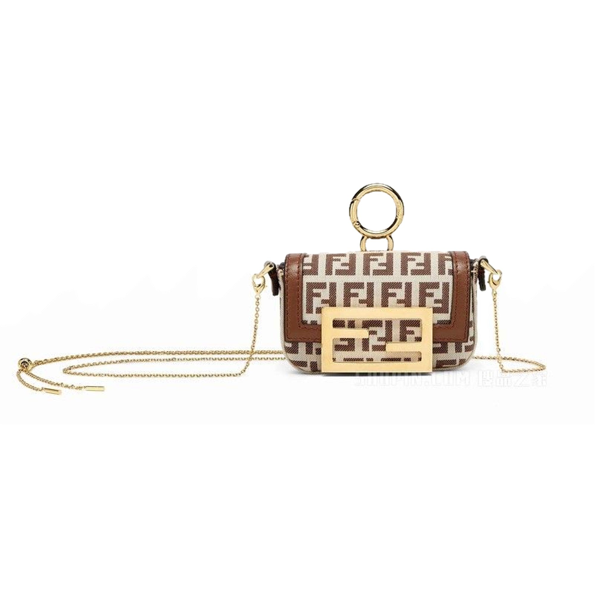 Fendi FF Canvas Nano Baguette Charm Crossbody Bag Brown White Gold