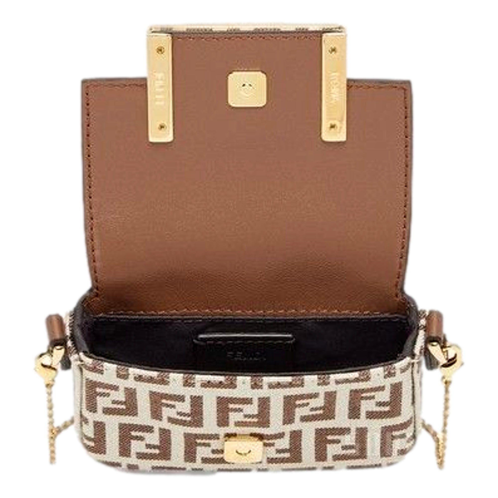 Fendi FF Canvas Nano Baguette Charm Crossbody Bag Brown White Gold