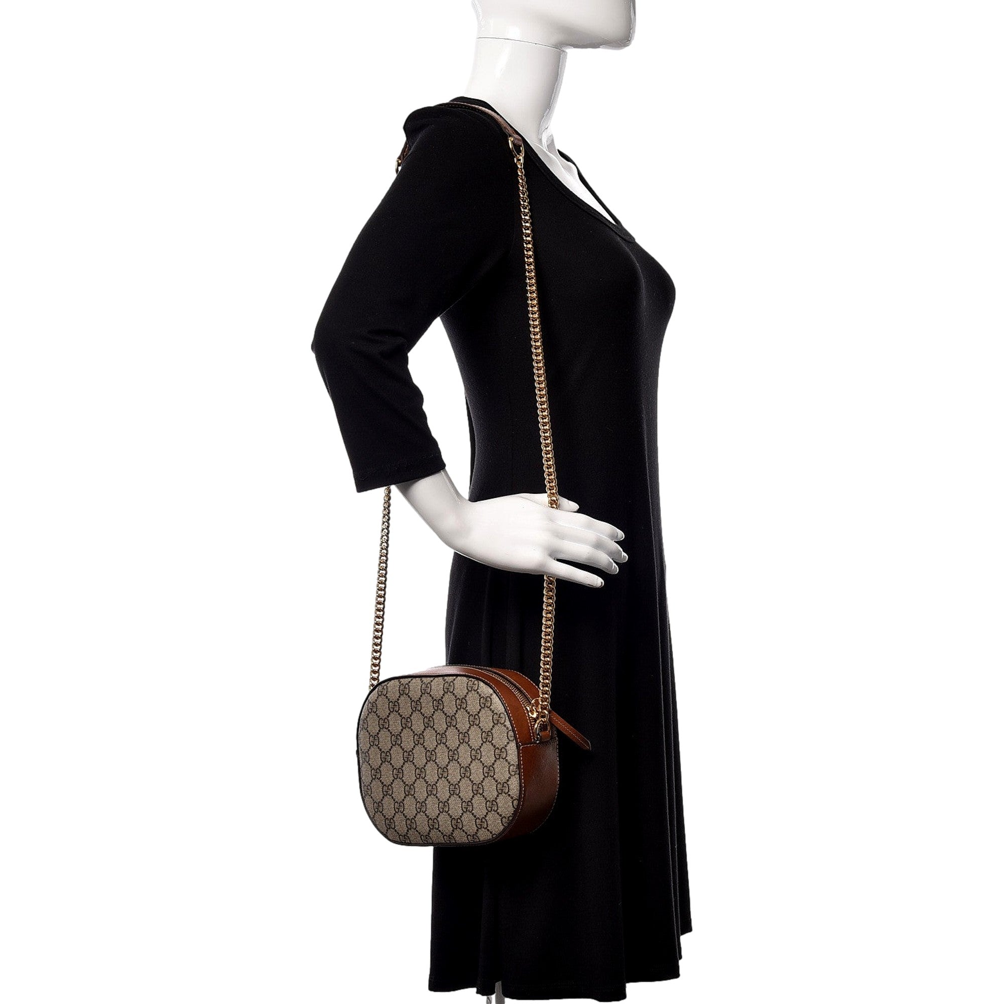 Gucci GG Supreme Canvas Mini Oval Chain Crossbody Bag Brown