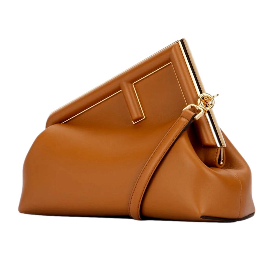 Image 937926.jpg, Product 937-926 / Price $5,009.00, Fendi First Midi Clutch Crossbody in Caramel Brown Nappa Leather with Gold FF Logo from Fendi on TSC.ca's Fashion department