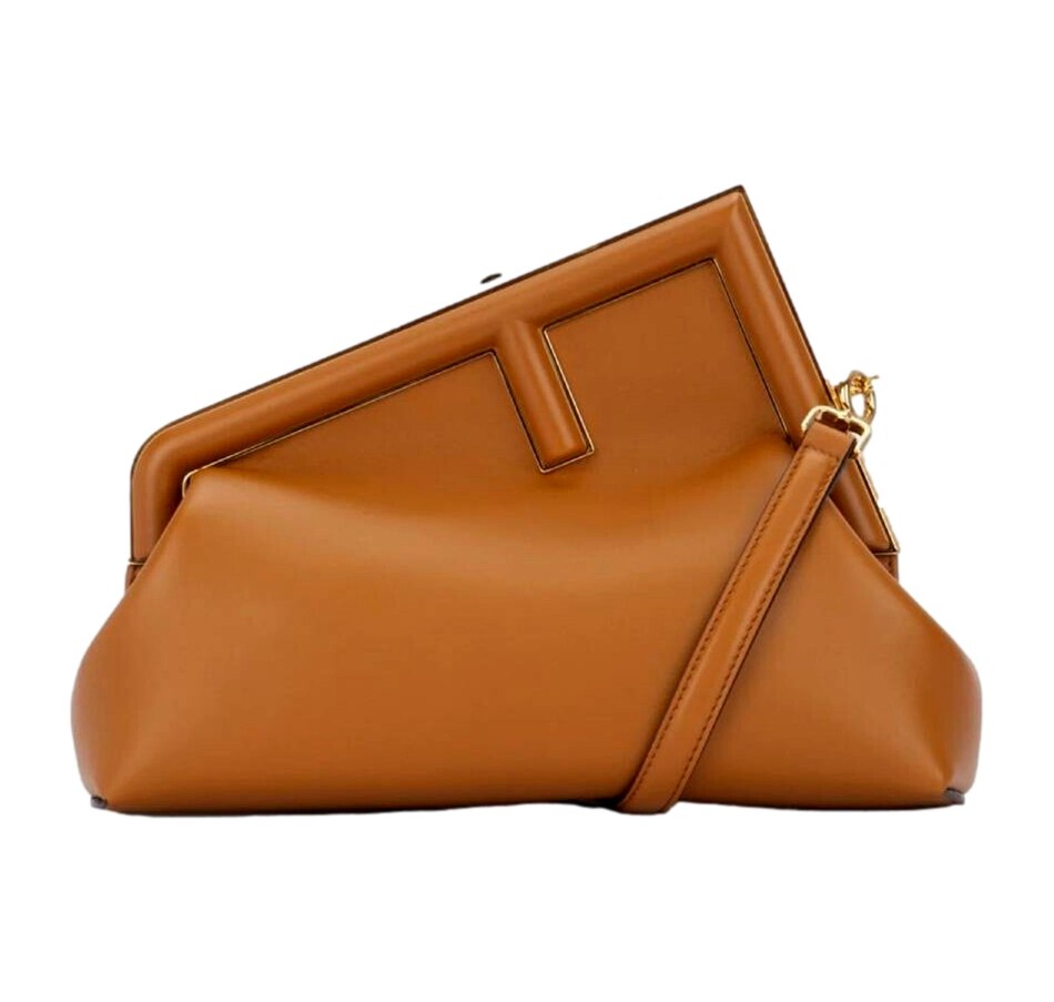 Image 937926_ALTMORE2.jpg, Product 937-926 / Price $5,009.00, Fendi First Midi Clutch Crossbody in Caramel Brown Nappa Leather with Gold FF Logo from Fendi on TSC.ca's Fashion department