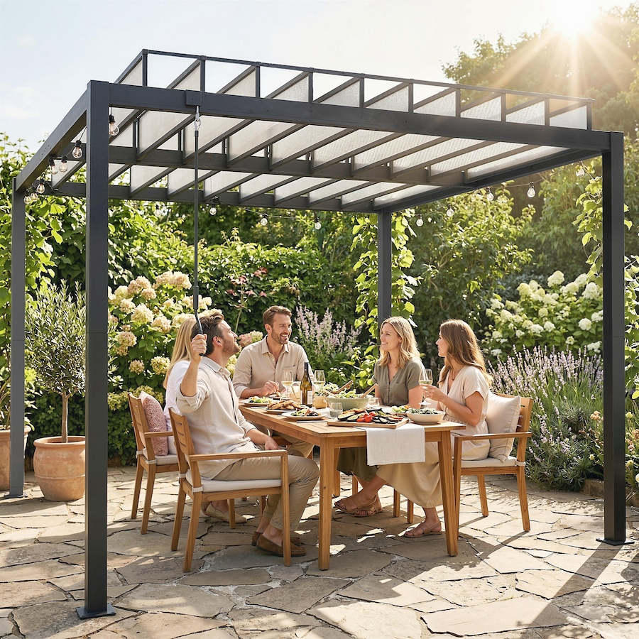 Image 938022_ALTMORE1.jpg, Product 938-022 / Price $1,059.99, Outsunny 9.5x10 ft Louvered Pergola with PC Roof, Aluminium Pergola Gazebo from Outsunny on TSC.ca's Home & Garden department