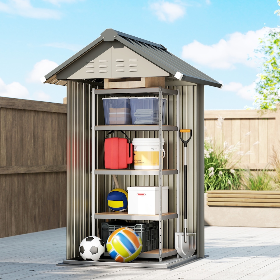 Image 938116_ALTMORE8.jpg, Product 938-116 / Price $269.99, Outsunny 4' x 4' Outdoor Storage Shed with Lockable Door, Light Grey from Outsunny on TSC.ca's Home & Garden department