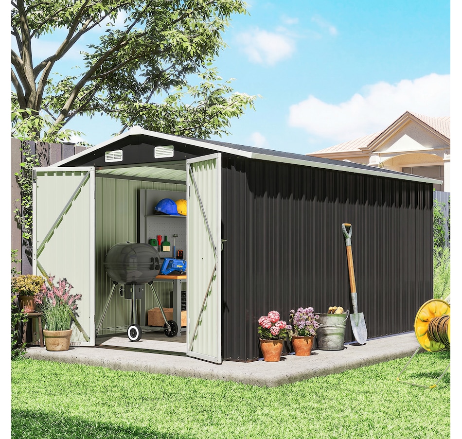 Image 938121_ALTMORE1.jpg, Product 938-121 / Price $569.99, Outsunny 12' x 8' Metal Shed, Heavy Duty Outdoor Storage Shed, Dark Grey from Outsunny on TSC.ca's Home & Garden department