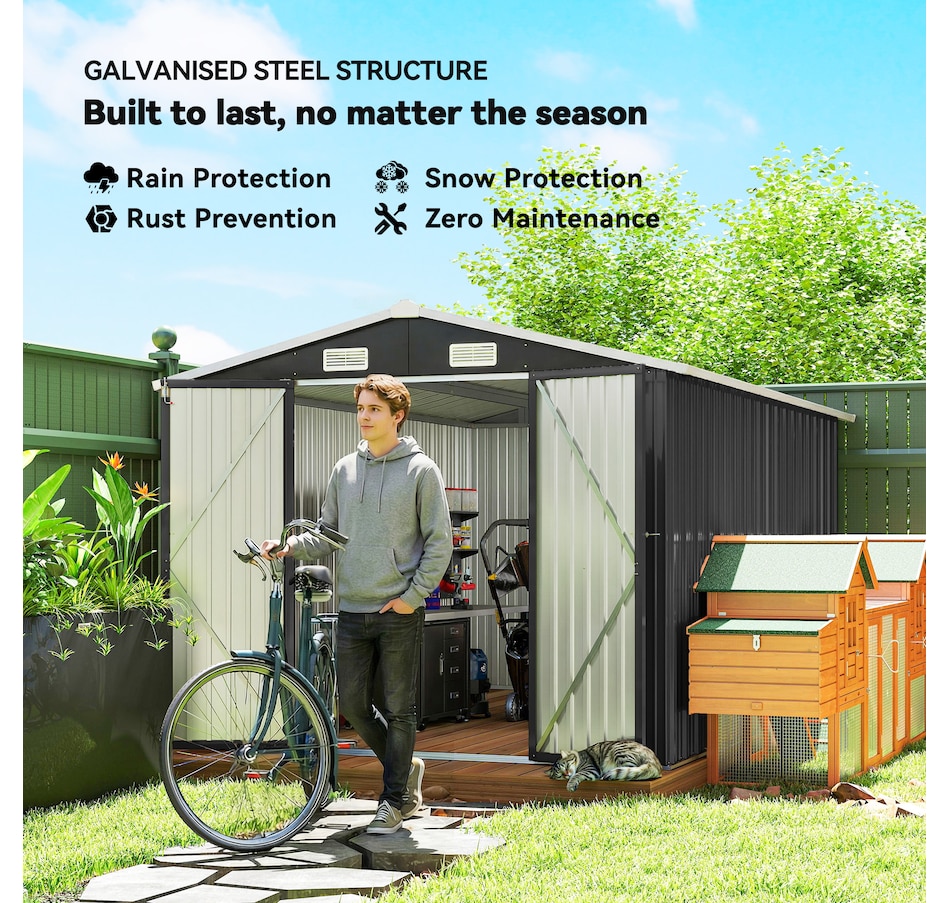 Image 938121_ALTMORE3.jpg, Product 938-121 / Price $569.99, Outsunny 12' x 8' Metal Shed, Heavy Duty Outdoor Storage Shed, Dark Grey from Outsunny on TSC.ca's Home & Garden department