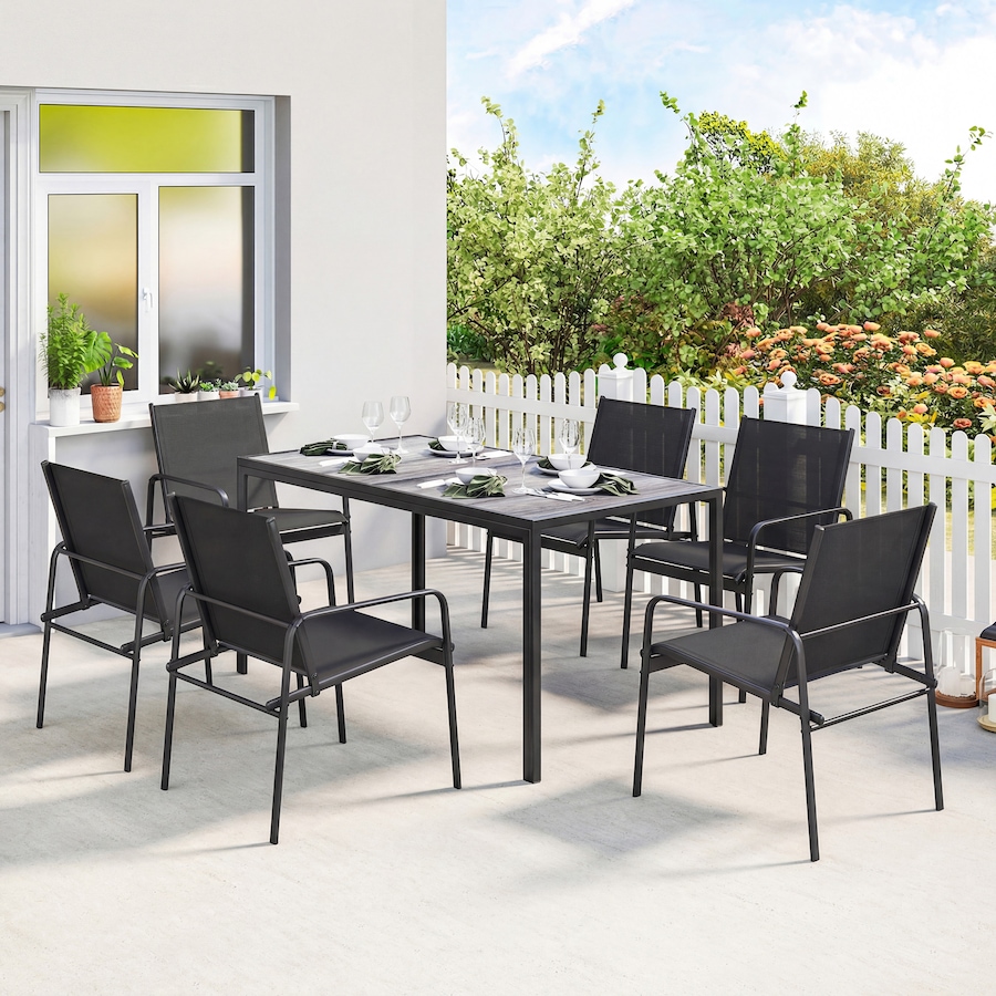 Image 938184_ALTMORE1.jpg, Product 938-184 / Price $399.99, Outsunny Outdoor Dining Set for 6, Faux Wood Patio Table and Chairs, Black from Outsunny on TSC.ca's Home & Garden department