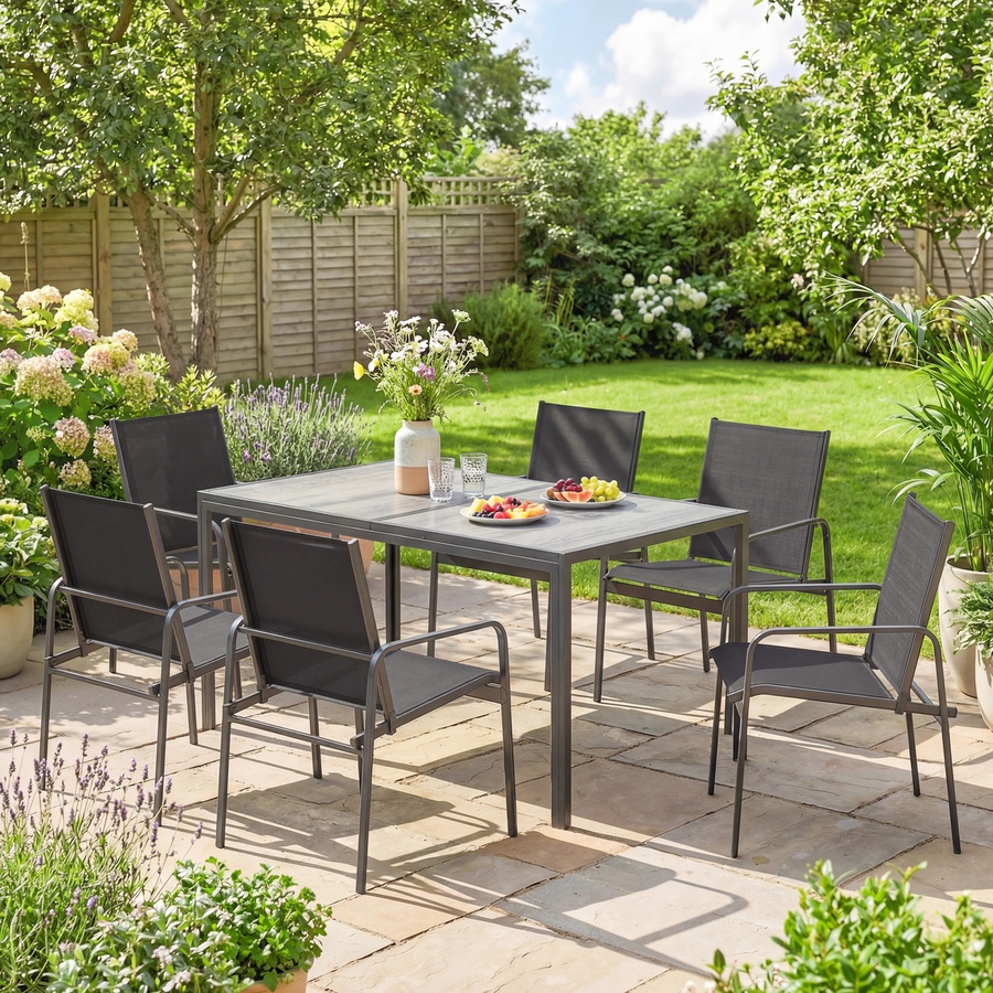 Image 938184_ALTMORE7.jpg, Product 938-184 / Price $399.99, Outsunny Outdoor Dining Set for 6, Faux Wood Patio Table and Chairs, Black from Outsunny on TSC.ca's Home & Garden department