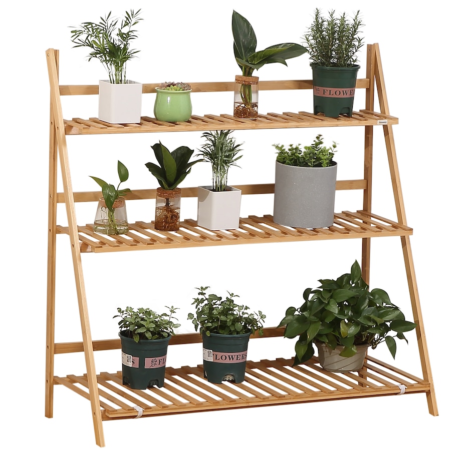 Image 938236.jpg, Product 938-236 / Price $47.99, Outsunny 3 Tier Folding Storage Shelf, Bamboo Ladder Plant Stand, Natural from Outsunny on TSC.ca's Home & Garden department