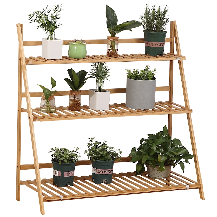 Image 938236.jpg, Product 938-236 / Price $56.99, Outsunny 3 Tier Folding Storage Shelf, Bamboo Ladder Plant Stand, Natural from Outsunny on TSC.ca's Home & Garden department
