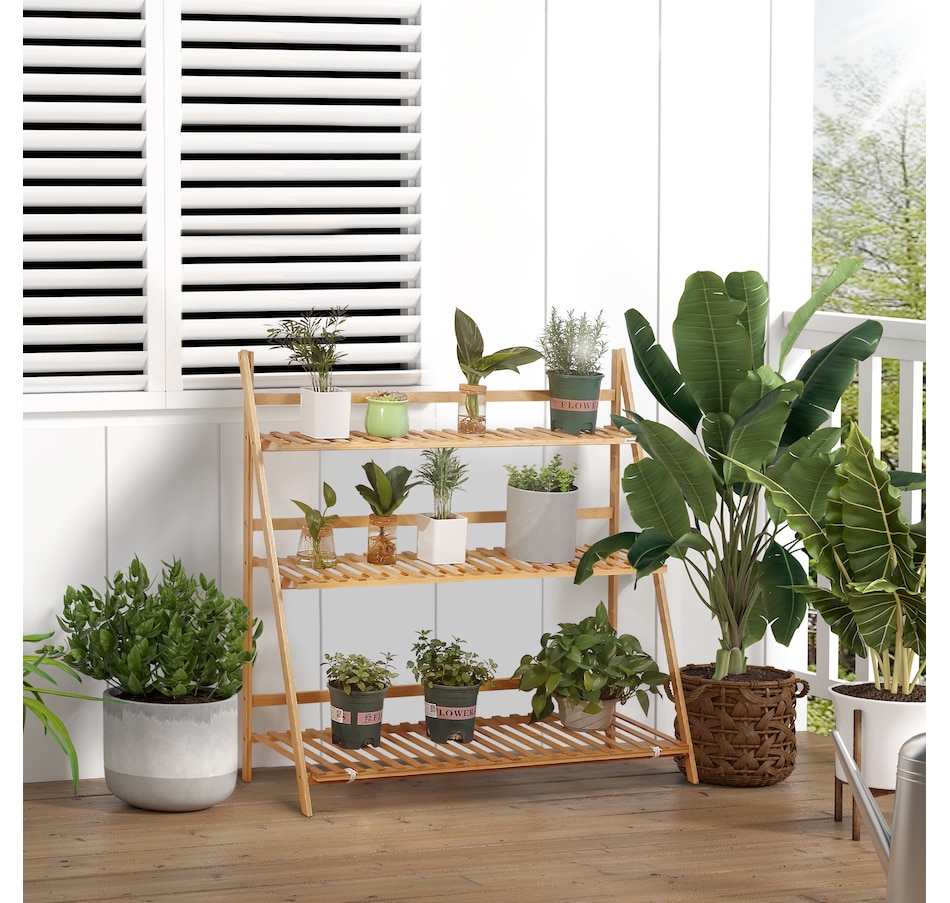 Image 938236_ALTMORE1.jpg, Product 938-236 / Price $47.99, Outsunny 3 Tier Folding Storage Shelf, Bamboo Ladder Plant Stand, Natural from Outsunny on TSC.ca's Home & Garden department