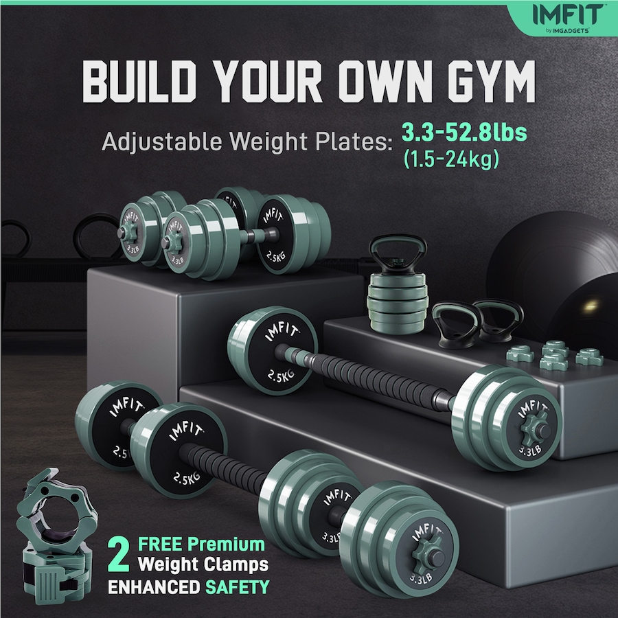 Image 938409_ALTMORE1.jpg, Product 938-409 / Price $99.99 - $249.99, IMFit Adjustable Dumbbells & Multi-Workout Set – Barbells, Kettlebells, Push-Up Bars & Weight Plates from IMFIT on TSC.ca's Health & Fitness department