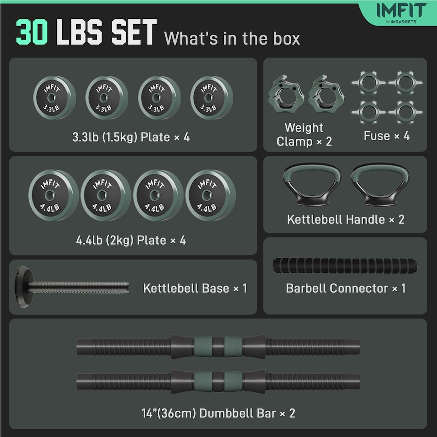 Image 938409_ALTMORE15.jpg, Product 938-409 / Price $99.99 - $249.99, IMFit Adjustable Dumbbells & Multi-Workout Set – Barbells, Kettlebells, Push-Up Bars & Weight Plates from IMFIT on TSC.ca's Health & Fitness department