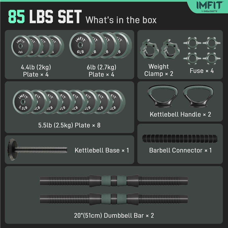 Image 938409_ALTMORE24.jpg, Product 938-409 / Price $99.99 - $249.99, IMFit Adjustable Dumbbells & Multi-Workout Set – Barbells, Kettlebells, Push-Up Bars & Weight Plates from IMFIT on TSC.ca's Health & Fitness department