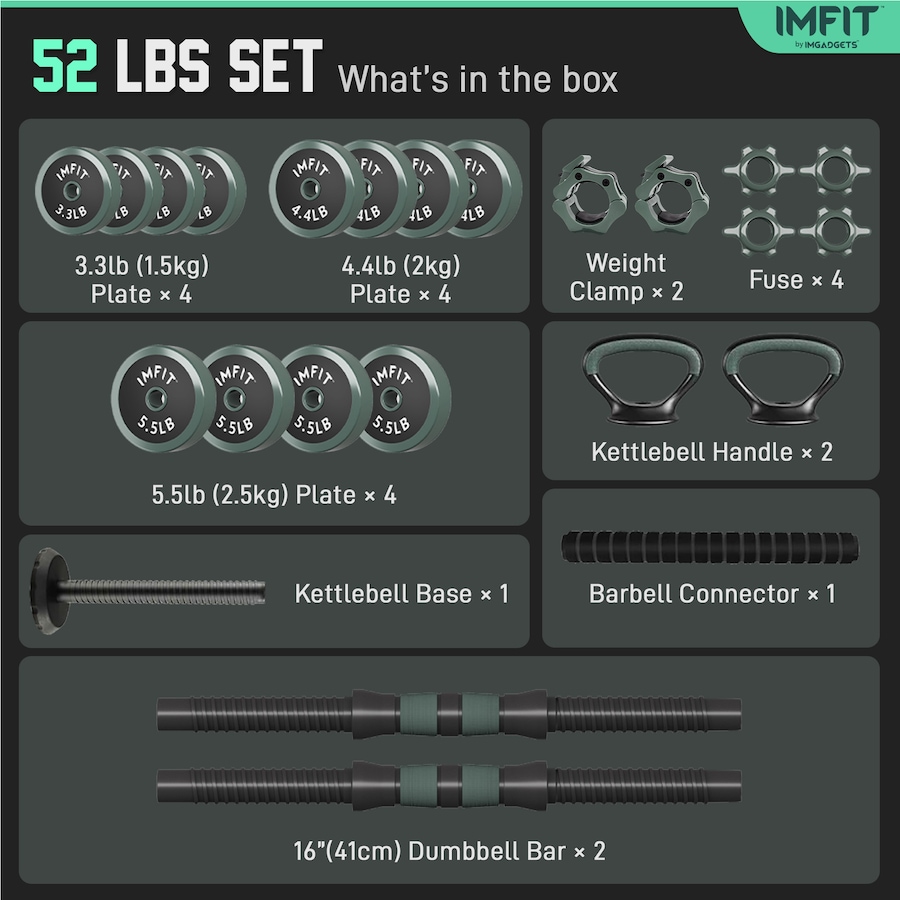Image 938409_ALTMORE7.jpg, Product 938-409 / Price $99.99 - $249.99, IMFit Adjustable Dumbbells & Multi-Workout Set – Barbells, Kettlebells, Push-Up Bars & Weight Plates from IMFIT on TSC.ca's Health & Fitness department